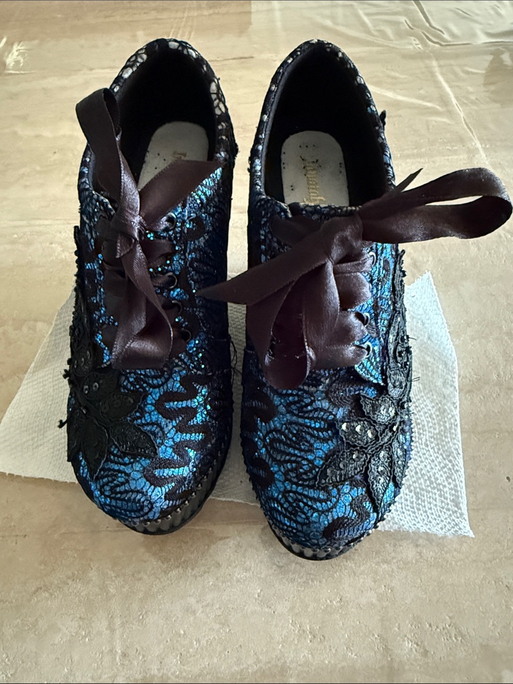 Women's Blue Lace-Up Embellished Lace-Up Shoes